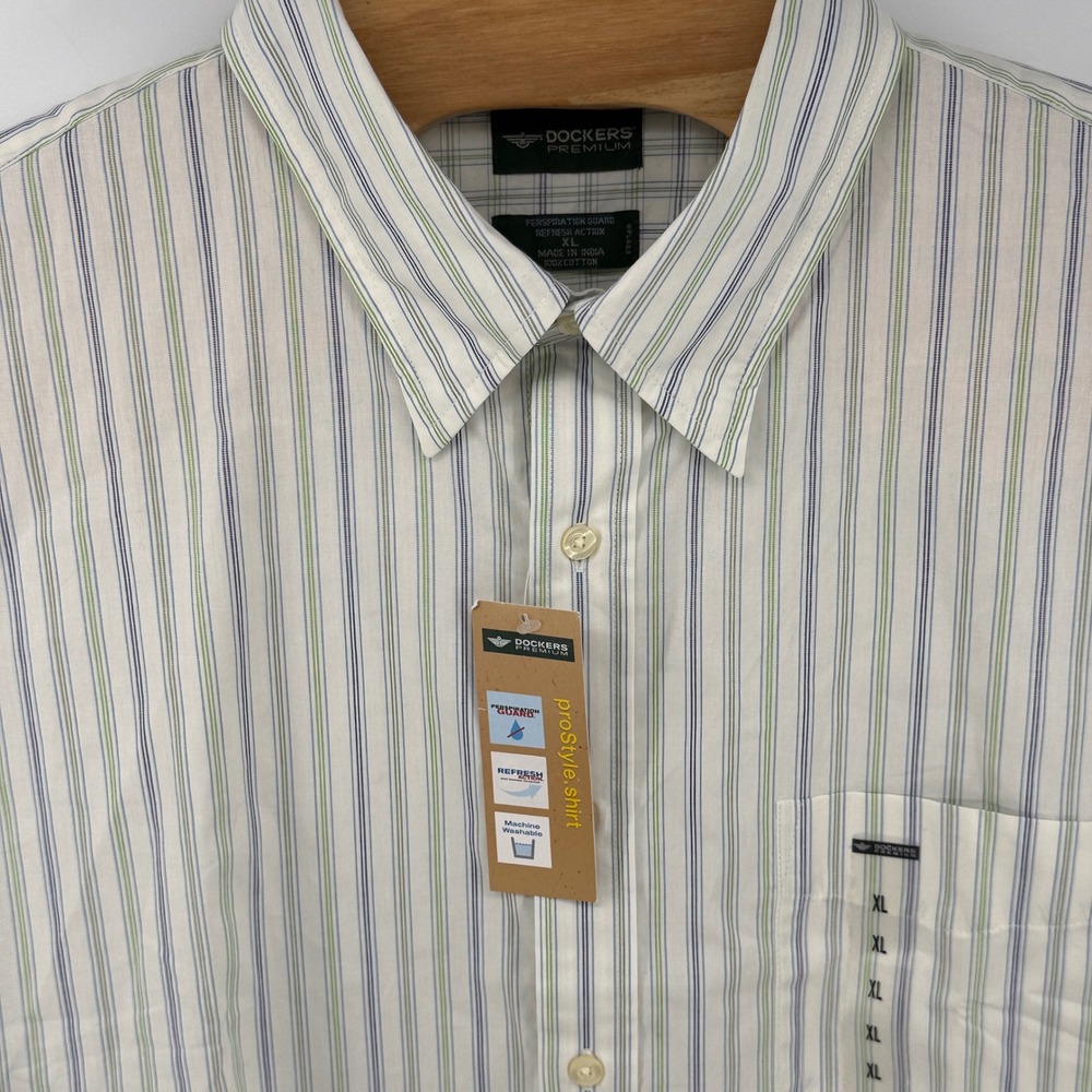 Dockers Premium Mens XL ProStyle Button Down Shirt Striped White Blue Green NEW